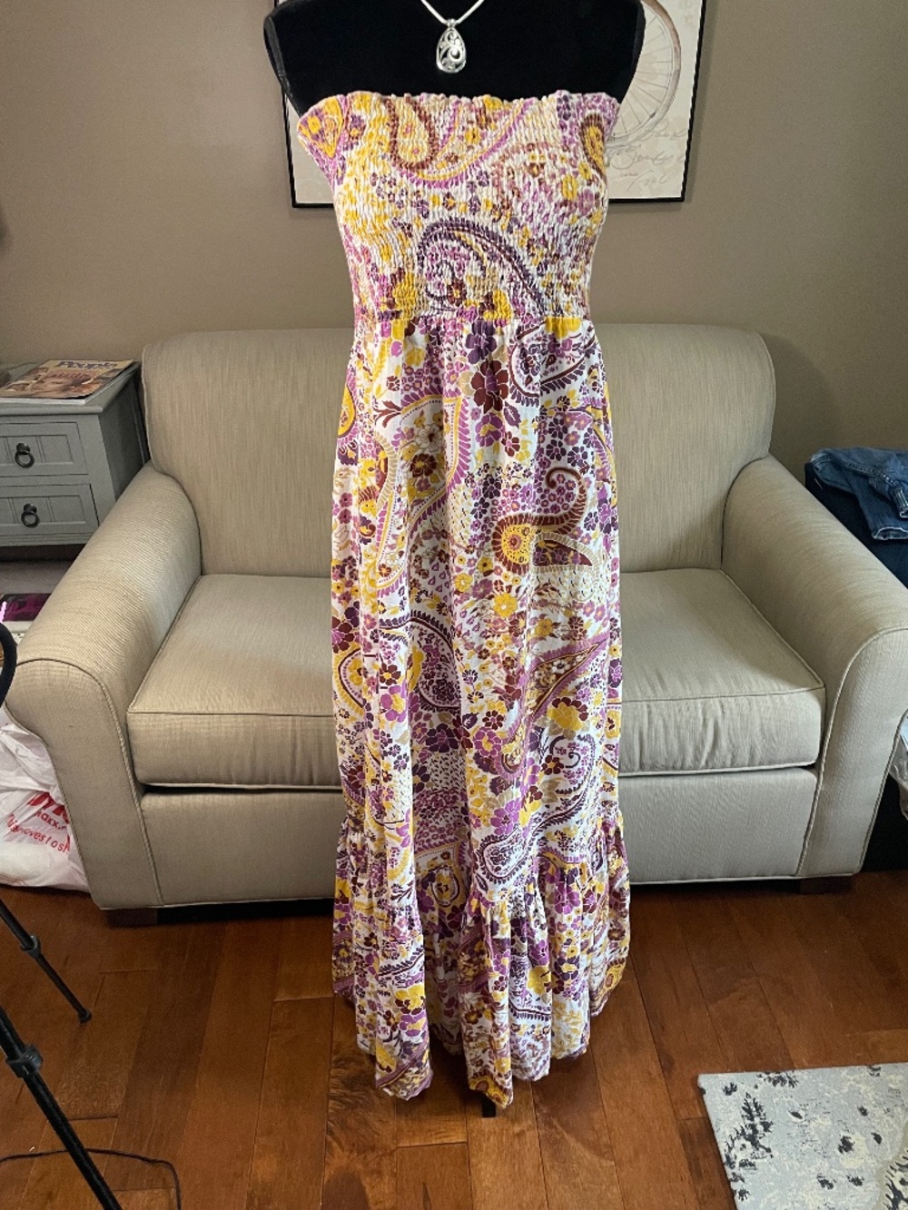 Roxy, strapless, smocked top, maxi dress, sz M